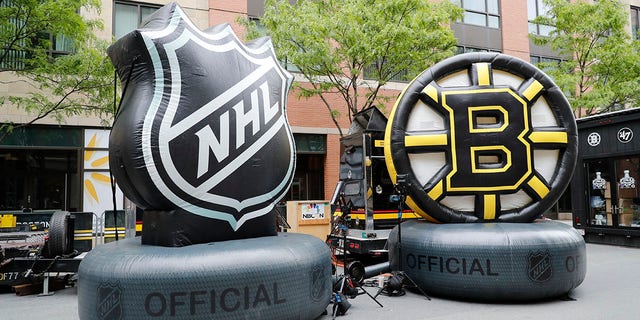 Inflatable NHL and Bruins logos in the Fan Zone before Game 2 of the 2019 Stanley Cup Finals between the Boston Bruins and the St. Louis Blues on May 29, 2019, at TD Garden in Boston.