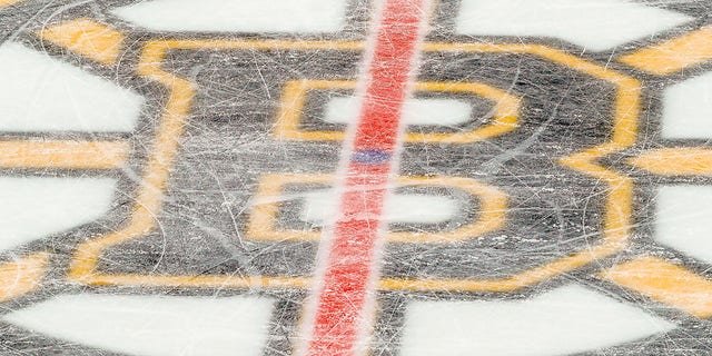 View of Boston Bruins logo on the rink during the Chicago Blackhawks and Bruins game on Dec. 5, 2019, at TD Garden in Boston.