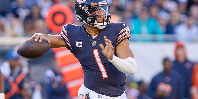 Chicago Bears quarterback Justin Fields throws the football during a game against the Miami Dolphins on Nov. 6, 2022, at Soldier Field in Chicago.