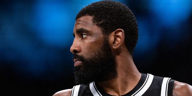Kyrie Irving of the Brooklyn Nets during a break in action in the first quarter of a game against the Chicago Bulls at Barclays Center Nov. 1, 2022, in New York City.