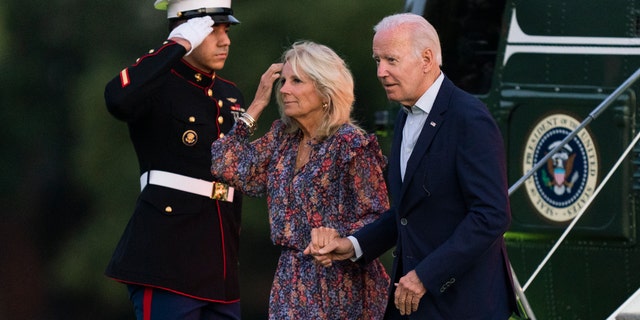 President Biden and first lady Jill Biden arrive at Fort Lesley J. McNair in Washington from a weekend trip to Rehoboth Beach, Del., July 10, 2022. 