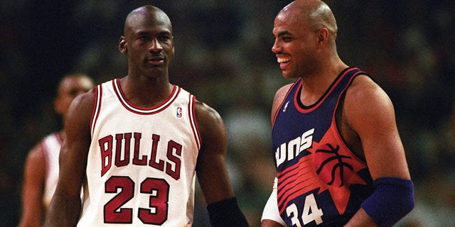 Chicago Bulls guard Michael Jordan, #23, and Phoenix Suns player Charles Barkley faced off during the 1993 NBA Finals in Phoenix in June 1993.