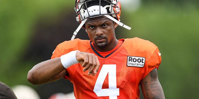 Deshaun Watson of the Cleveland Browns walks off the field during training camp at CrossCountry Mortgage Campus on Aug. 9, 2022, in Berea, Ohio.