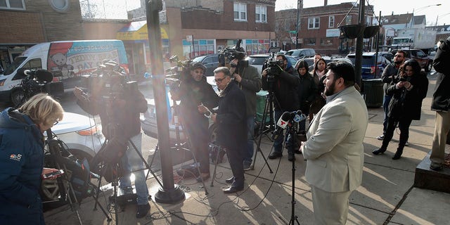 Candidate for 14th Ward alderman Jose Luis Torrez speaks to the press outside the Southside office of current 14th Ward Alderman Ed Burke while a search warrant was being executed by the FBI inside on Nov. 29, 2018, in Chicago. 