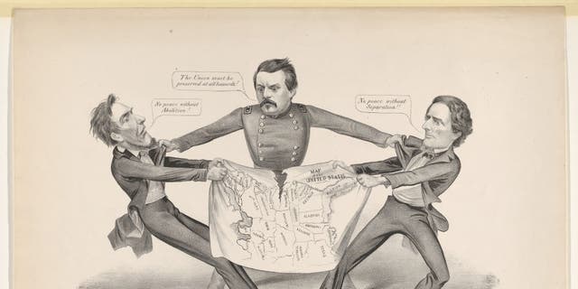 Abraham Lincoln and Jefferson Davis, presidents of the United States and the Confederacy, struggle to control a map with General George McClellan in between. Artist Currier and Ives.