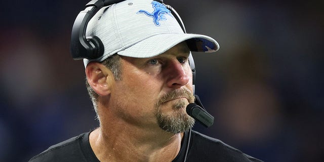 Head coach Dan Campbell of the Detroit Lions looks on from the sidelines during an NFL preseason football game between the Detroit Lions and the Atlanta Falcons in Detroit, Michigan USA, on Friday, August 12, 2022. 
