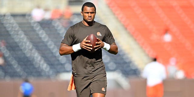 Quarterback Deshaun Watson of the Browns warms up prior to a preseason game against the Chicago Bears at FirstEnergy Stadium on Aug. 27, 2022, in Cleveland.