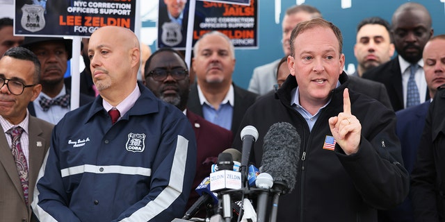 FILE: New York Republican gubernatorial nominee Rep. Lee Zeldin (R-NY) speaks during a press conference at the entrance to the Rikers Island jail on October 24, 2022 in New York City.
