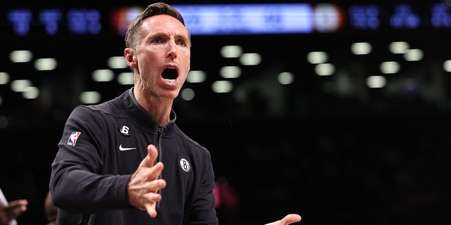 Brooklyn Nets head coach Steve Nash reacts to a call during the second quarter of a game against the Indiana Pacers at Barclays Center Oct. 31, 2022, in New York City. 
