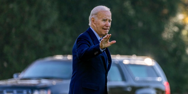 President Biden waves as he heads to Marine One on the South Lawn of the White House on Nov. 3, 2022.