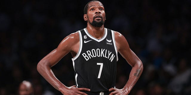 Brooklyn Nets forward Kevin Durant, #7, looks up during the second half against the Chicago Bulls at Barclays Center Nov. 1, 2022 in New York.
