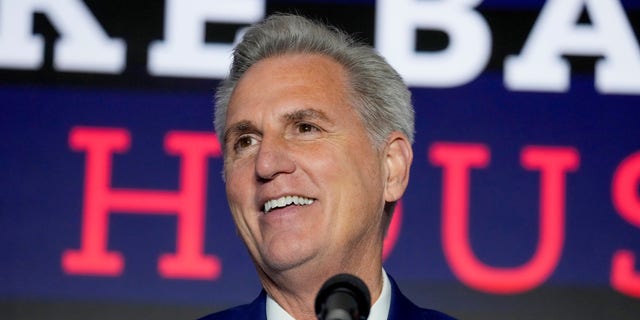 House Minority Leader Kevin McCarthy of Calif., speaks at an event early Wednesday morning, Nov. 9, 2022, in Washington. 