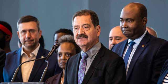 U.S. Rep. Jesus "Chuy" Garcia, middle, speaks during a news conference on the Near West Side on July 26, 2022. Garcia announced on Nov. 10, that he will join a field of candidates hoping to beat out incumbent Chicago Mayor Lori Lightfoot.