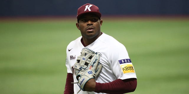 Outfielder Yasiel Puig, #66 of the Kiwoom Heroes, reacts in the top of the eighth inning during the Korean Baseball Organization League opening game between Kiwoom Heroes and Lotte Giants at Gocheok Skydome on April 2, 2022 in Seoul, South Korea.