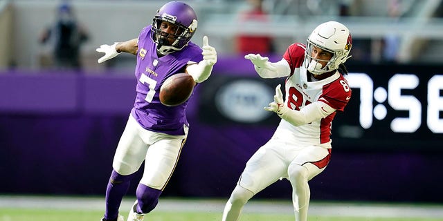 Minnesota Vikings cornerback Patrick Peterson (7) breaks up a pass intended for Arizona Cardinals wide receiver Robbie Anderson (81) during the second half of a game Oct. 30, 2022, in Minneapolis.