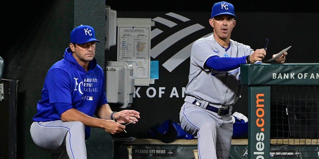Kansas City Royals manager Mike Matheny, left, and bench coach Pedro Grifol during the Orioles game at Camden Yards, Sept. 7, 2021, in Baltimore.