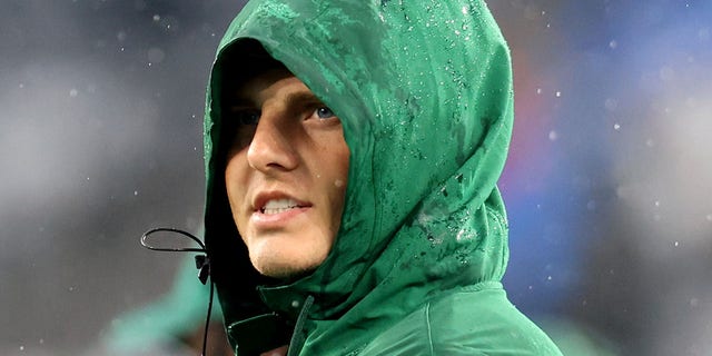Zach Wilson, #2 of the New York Jets, looks on in the second half of a game against the Chicago Bears at MetLife Stadium on Nov. 27, 2022 in East Rutherford, New Jersey.