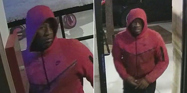 Police have asked the public for help in identifying the suspect, who is seen wearing a red hooded sweatshirt.