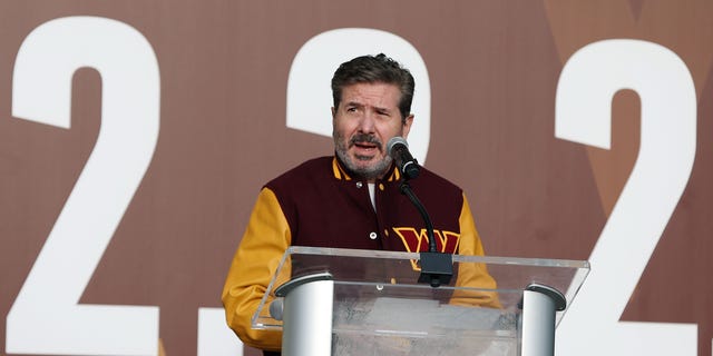 Team co-owner Dan Snyder speaks during the announcement of the team's name change to the Washington Commanders at FedExField on Feb. 2, 2022, in Landover, Maryland.