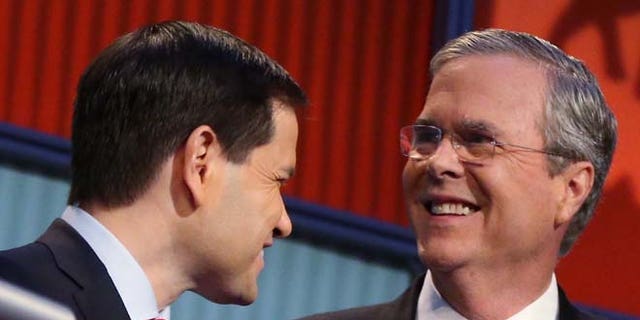 Marco Rubio and Jeb Bush during the first Republican presidential debate on Aug. 6, 2015.