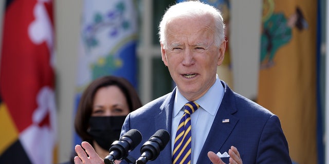 President Biden speaks during an event on the American Rescue Plan in the Rose Garden of the White House on March 12, 2021, in Washington, D.C.