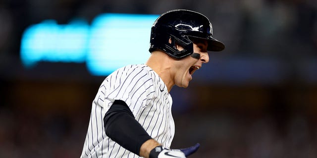 Anthony Rizzo of the New York Yankees celebrates after hitting a two-run home run against Cal Quantrill of the Cleveland Guardians during the sixth inning in Game 1 of an American League Division Series at Yankee Stadium Oct. 11, 2022, in New York, N.Y.