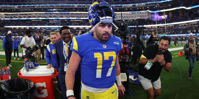 Baker Mayfield of the Los Angeles Rams after his team's 17-16 victory against the Las Vegas Raiders at SoFi Stadium on Dec. 8, 2022, in Inglewood, California.