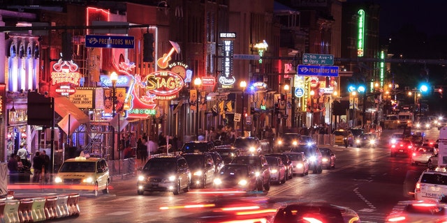 The night view of Lower Broadway at the Broadway Historic District in Nashville, Tennessee.