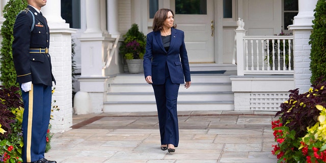 US Vice President Kamala Harris outside her residence at the US Naval Observatory in Washington, DC, on September 16, 2022. 