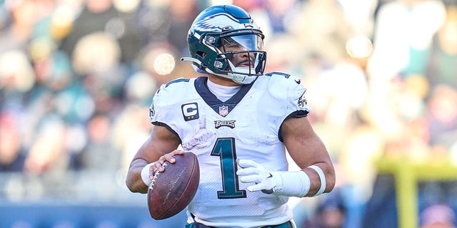 Philadelphia Eagles quarterback Jalen Hurts throws during a game against the Chicago Bears Dec. 18, 2022, at Soldier Field in Chicago. 