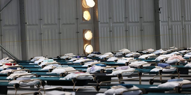 Beds are seen in the dormitory during a tour of the Randall's Island Humanitarian Emergency Response and Relief Center on Oct. 18, 2022, in New York City. 