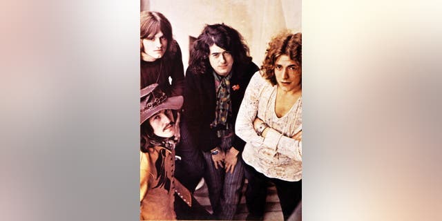 English rock group Led Zeppelin posed circa 1969. Members of the group are, from left, John Paul Jones, John Bonham (bottom), Jimmy Page and Robert Plant.