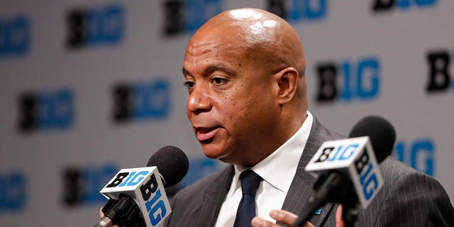FILE - In this March 12, 2020, file photo, Big Ten Commissioner Kevin Warren addresses the media in Indianapolis after it was announced that the remainder of the Big Ten Conference men's basketball tournament had been canceled. Warren, the first black commissioner of a Power Five conference, is creating a coalition to give the league's athletes a platform to voice their concerns about racism. Warren announced Monday, June 1, 2020, the formation of the Big Ten Anti-Hate and Anti-Racism Coalition, with athletes, coaches, athletic director and university chancellors and presidents.