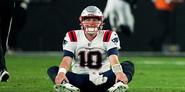 Mac Jones of the New England Patriots after losing to the Las Vegas Raiders at Allegiant Stadium Dec. 18, 2022, in Las Vegas.