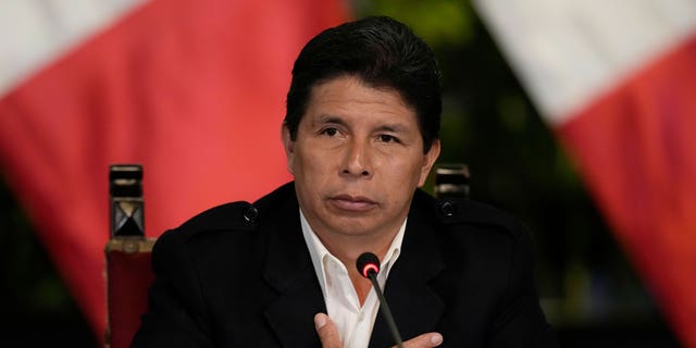 FILE - Peruvian President Pedro Castillo gives a press conference at the presidential palace in Lima, Peru, Oct. 11, 2022. On Wednesday, Dec. 7, 2022, Castillo faces a third impeachment attempt by Congress. (AP Photo/Martin Mejia, File)