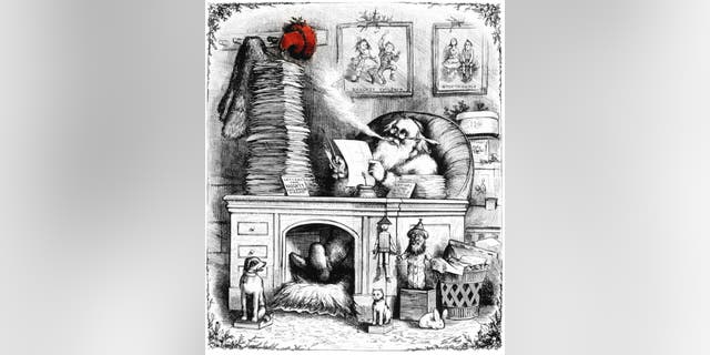 THOMAS NAST LINE DRAWING OF SANTA CLAUS AT HIS DESK WITH MAIL FROM NAUGHTY &amp;amp; GOOD CHILDREN RED HAT ON PEG  