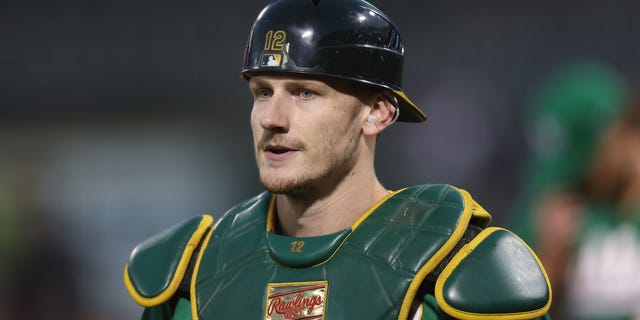 Catcher Sean Murphy of the Oakland Athletics looks on against the Los Angeles Angels at RingCentral Coliseum on Oct. 4, 2022, in Oakland, California.