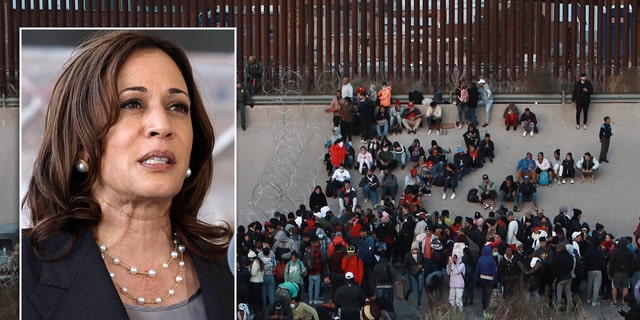 A photo of Vice President Kamala Harris in Dulles, Virginia on June 17, 2022, and migrants gathered at a crossing into El Paso, Texas, on Tuesday, Dec. 20, 2022.