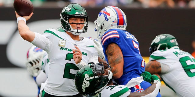 New York Jets quarterback Zach Wilson, #2, throws a pass during the first half of an NFL football game against the Buffalo Bills, Sunday, Nov. 6, 2022, in East Rutherford, New Jersey.