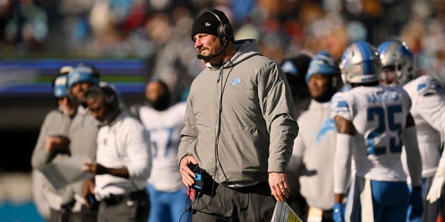 Head coach Dan Campbell of the Detroit Lions looks on during the Panthers game at Bank of America Stadium on Dec. 24, 2022, in Charlotte, North Carolina.