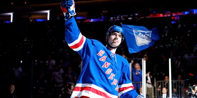 Filip Chytil #72 of the New York Rangers is named first star of the game after scoring the game winning goal in overtime against the New Jersey Devils at Madison Square Garden on December 12, 2022, in New York City.