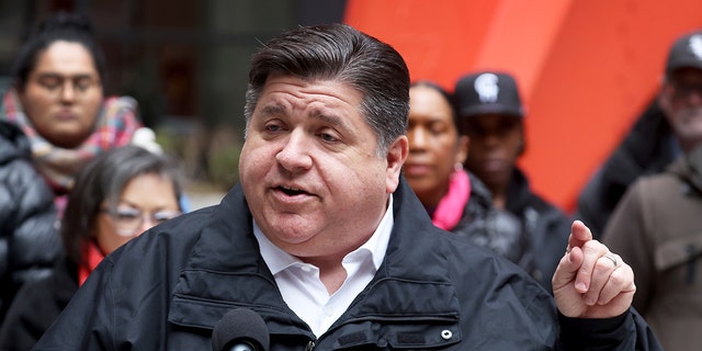 Illinois Gov. J.B. Pritzker speaks during a rally at Federal Building Plaza in Chicago on April 27, 2022.