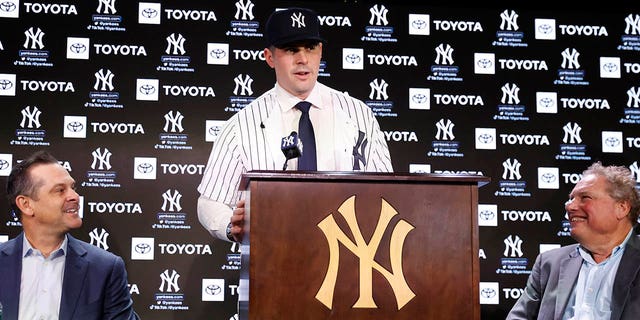 Carlos Rodon of the New York Yankees is introduced during a press conference at Yankee Stadium on December 22, 2022 in the Bronx, New York.