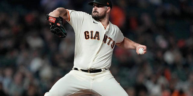 Carlos Rodon #16 of the San Francisco Giants pitches against the Colorado Rockies in the top of the six inning at Oracle Park on September 29, 2022, in San Francisco.