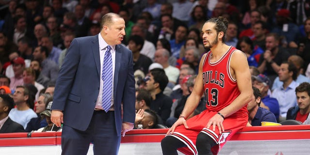 Head coach Tom Thibodeau and Joakim Noah of the Chicago Bulls confer during a break in a game against the Los Angeles Clippers at Staples Center Nov. 17, 2014, in Los Angeles. 