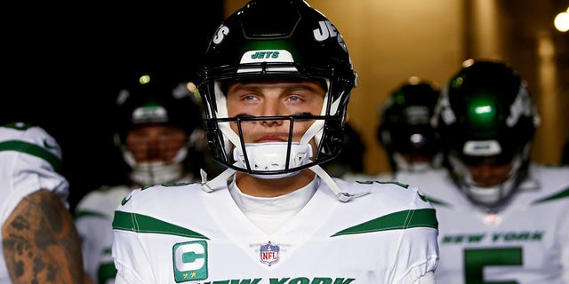 Zach Wilson of the New York Jets before the game against the New England Patriots at Gillette Stadium on Nov. 20, 2022, in Foxborough, Massachusetts.