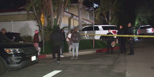 Police respond to a shooting in Los Angeles' Beverly Crest neighborhood that left three dead and four injured early Saturday, Jan. 28. 