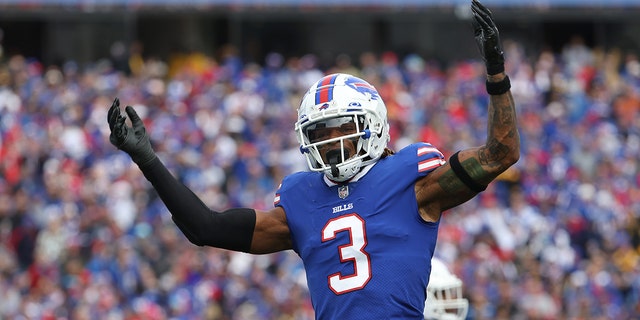 Damar Hamlin #3 of the Buffalo Bills reacts after a missed Pittsburgh Steelers field goal during the second quarter at Highmark Stadium on October 09, 2022 in Orchard Park, New York.