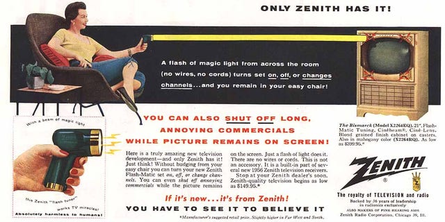 Zenith introduced Polley's Flash-Matic television remote control in 1955. 