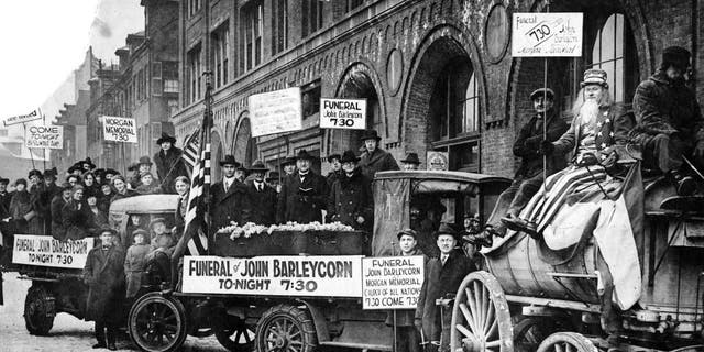 John Barleycorn's "funeral" was staged by Boston Prohibitionists in front of the Morgan Memorial Church of All Nations in the South End of Boston as the 18th Amendment's prohibition on alcohol took effect at midnight on Jan. 16, 1920. The cortege consisted of eight auto trucks containing 125 cheering and shouting men, women and children, and a city water wagon that featured "Uncle Sam."  